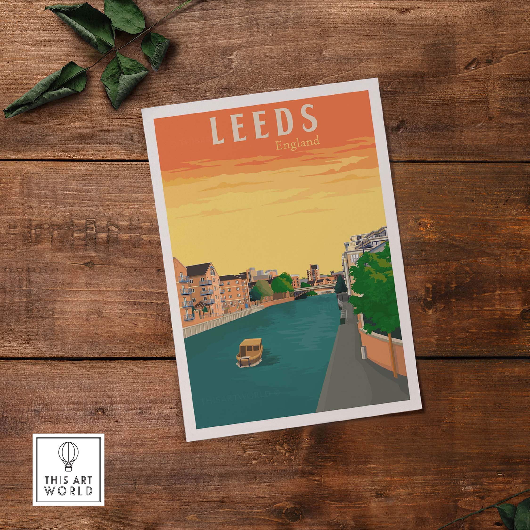 Leeds Poster Print showcasing a serene canal view in England, perfect for wall art inspiration.