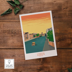 Leeds Print England Travel Poster featuring a scenic view of Leeds by the water in vibrant colors.