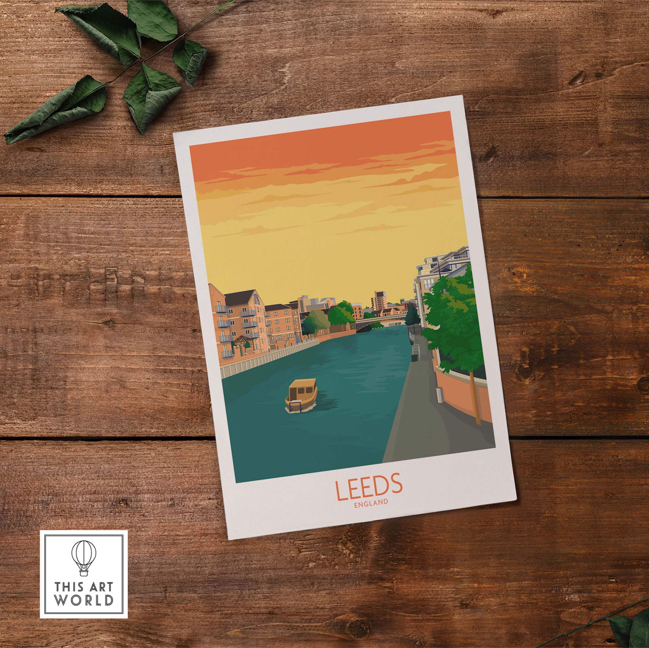 Leeds Print England Travel Poster featuring a scenic view of Leeds by the water in vibrant colors.