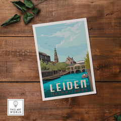 Leiden Netherlands vintage travel poster print showcasing scenic canal views and historical architecture.