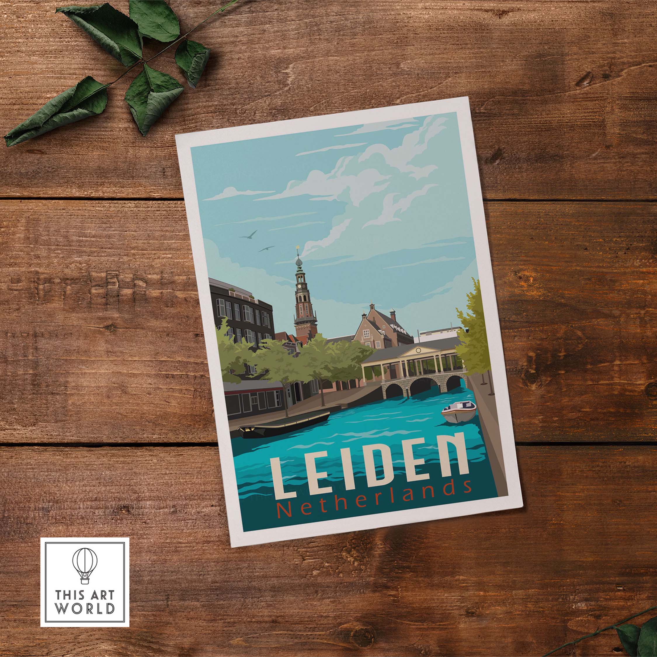 Leiden Netherlands vintage travel poster print showcasing scenic canal views and historical architecture.