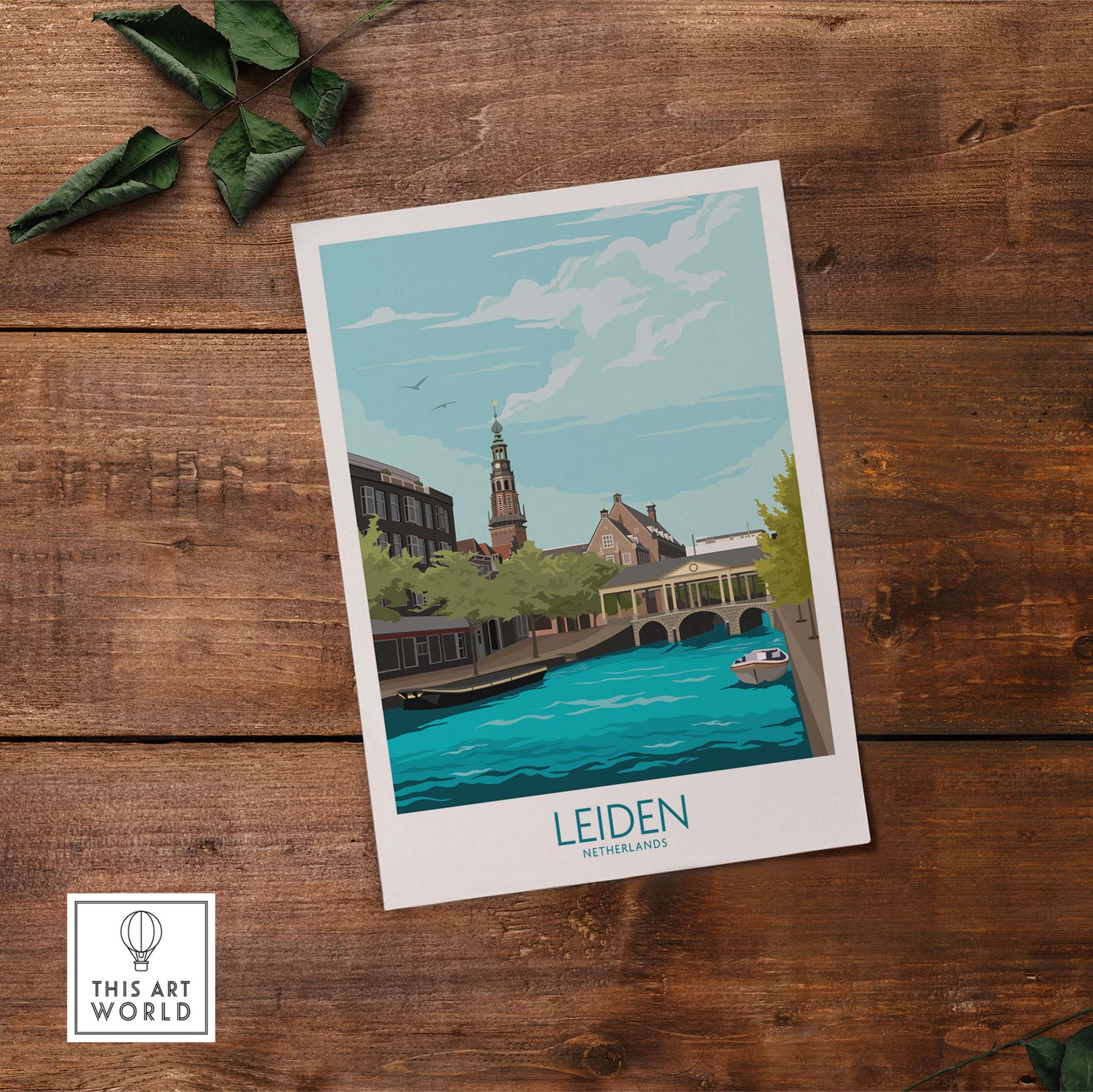 Leiden Poster Netherlands with vintage travel art, featuring a picturesque canal and historic architecture.