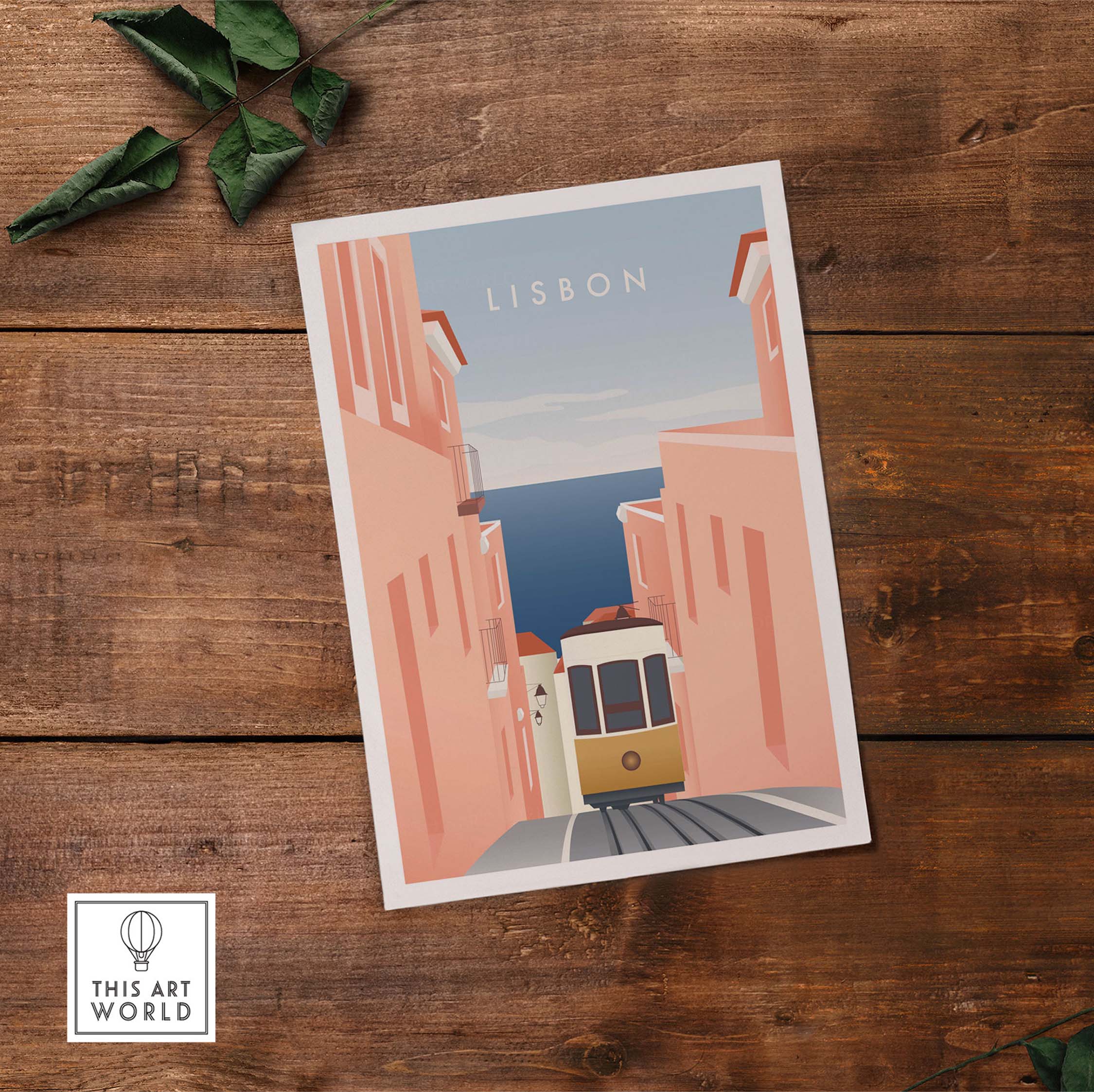 Lisbon minimalist wall art poster featuring iconic streetcar and colorful buildings by the sea.