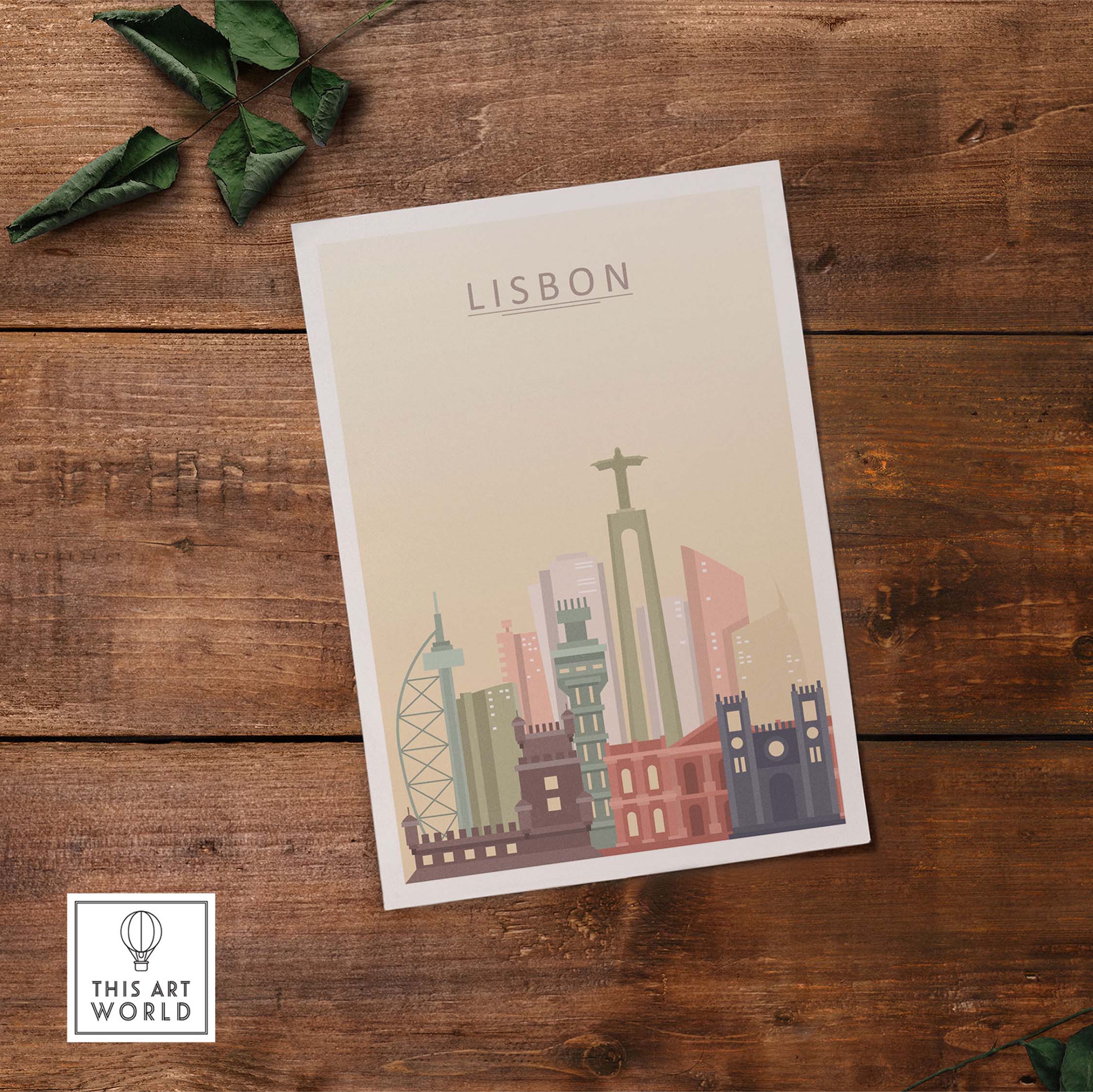 Lisbon skyline print wall art featuring iconic buildings in warm pastel tones, perfect for home decor.