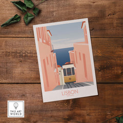 Lisbon Wall Art Poster Print featuring a vintage tram in colorful streets, perfect for home decor.