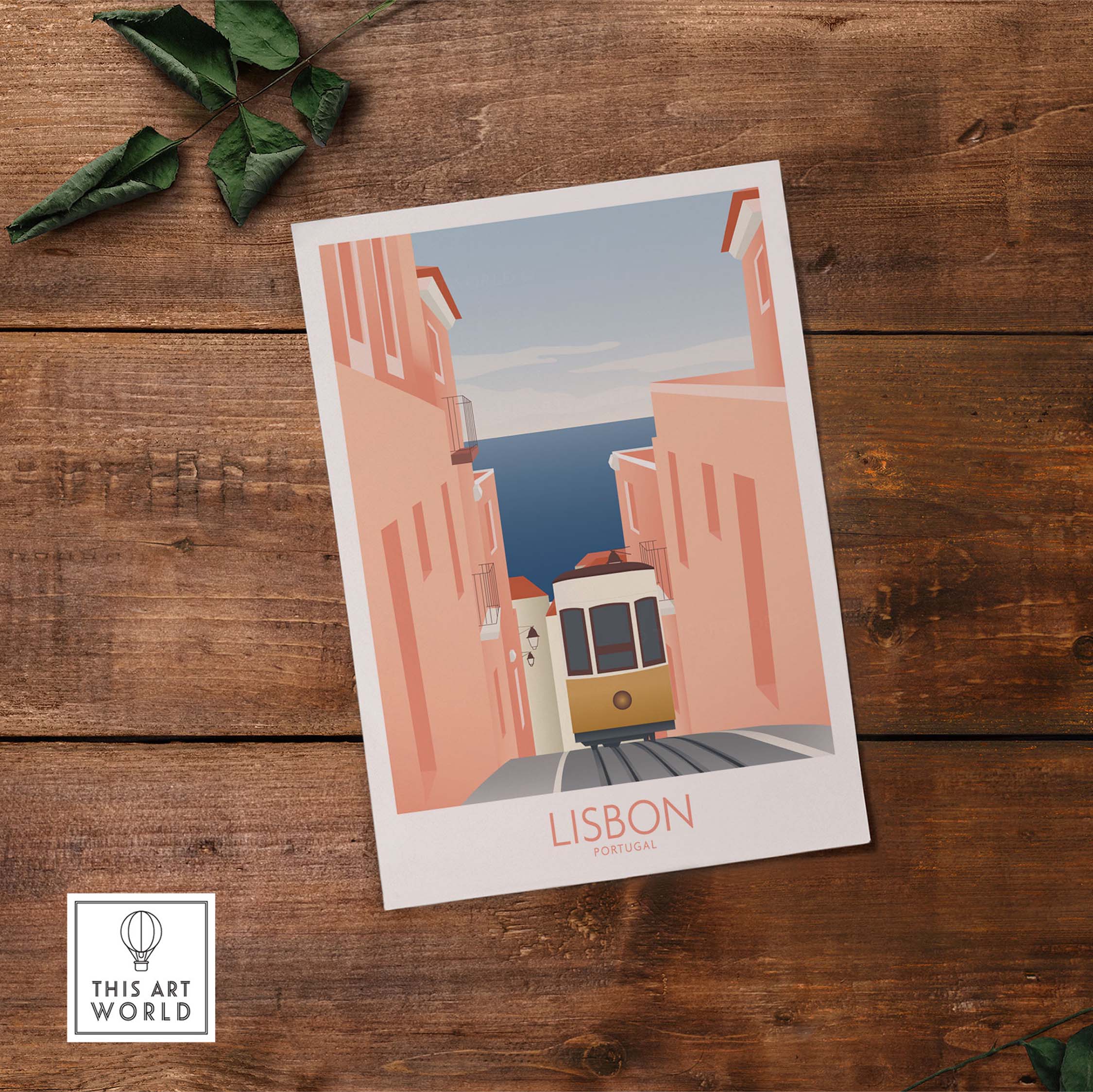 Lisbon Wall Art Poster Print featuring a vintage tram in colorful streets, perfect for home decor.