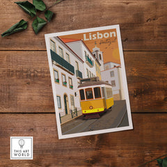Vintage Lisbon Print Poster featuring iconic yellow tram on cobblestone street, perfect for travel lovers and stylish decor.