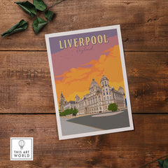 Liverpool travel poster showcasing iconic architecture against a vibrant sunset, perfect for home decor.