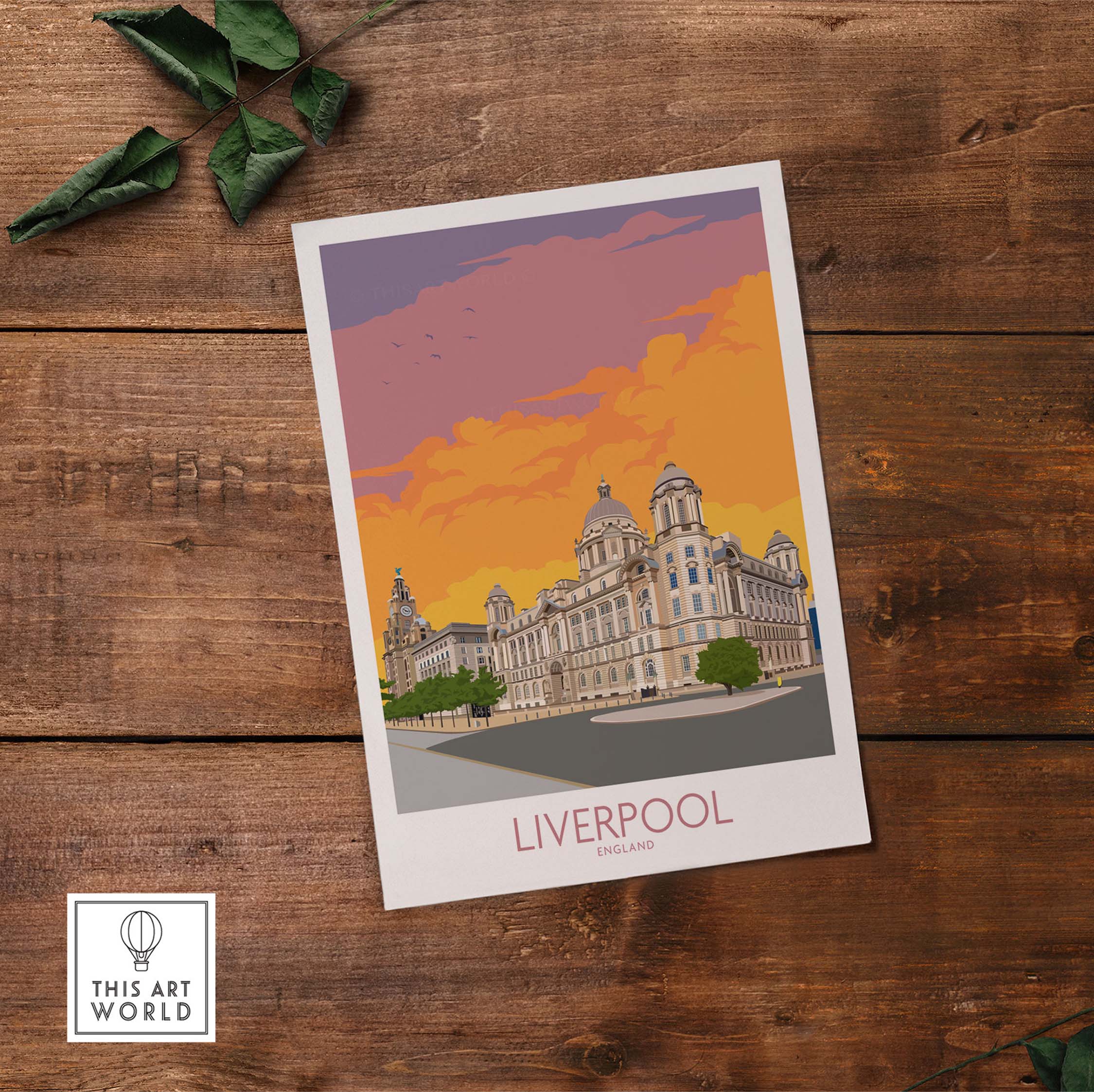 Vibrant Liverpool Print featuring iconic architecture and colorful sunset, perfect for home decor and UK travel enthusiasts.