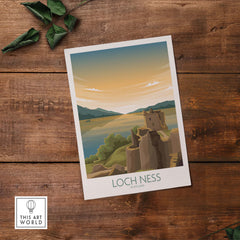Loch Ness vintage travel poster depicting serene Scottish landscape and castle.
