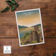 Loch Ness Wall Art Scotland Print featuring vintage-style landscape of Loch Ness and surrounding hills.