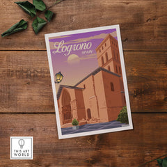 Vintage-inspired Logrono Spain travel print featuring a landmark with purple sky backdrop, perfect for home decor.