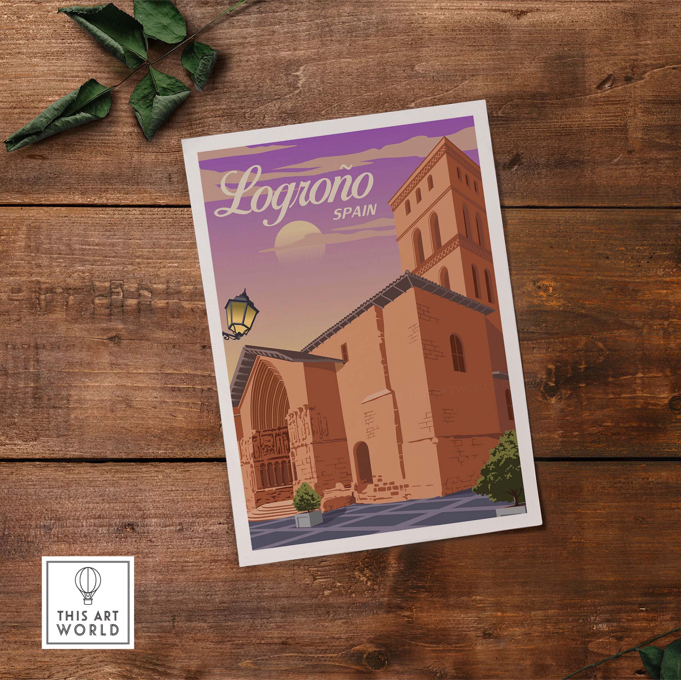 Vintage-inspired Logrono Spain travel print featuring a landmark with purple sky backdrop, perfect for home decor.