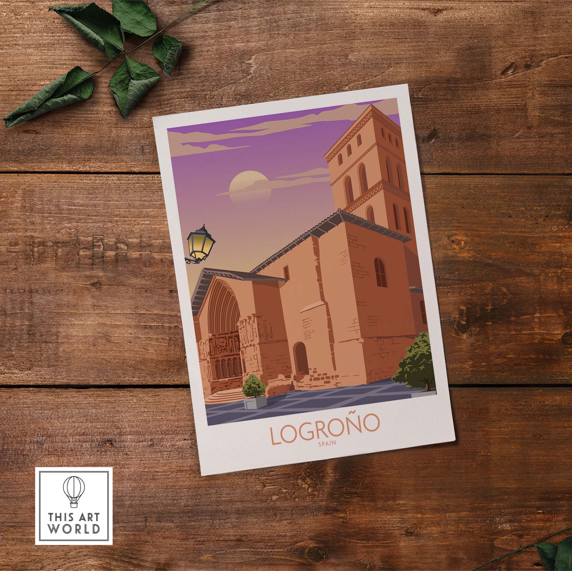 Logrono Spain poster featuring vintage architecture and a sunset, perfect for home or office wall art.