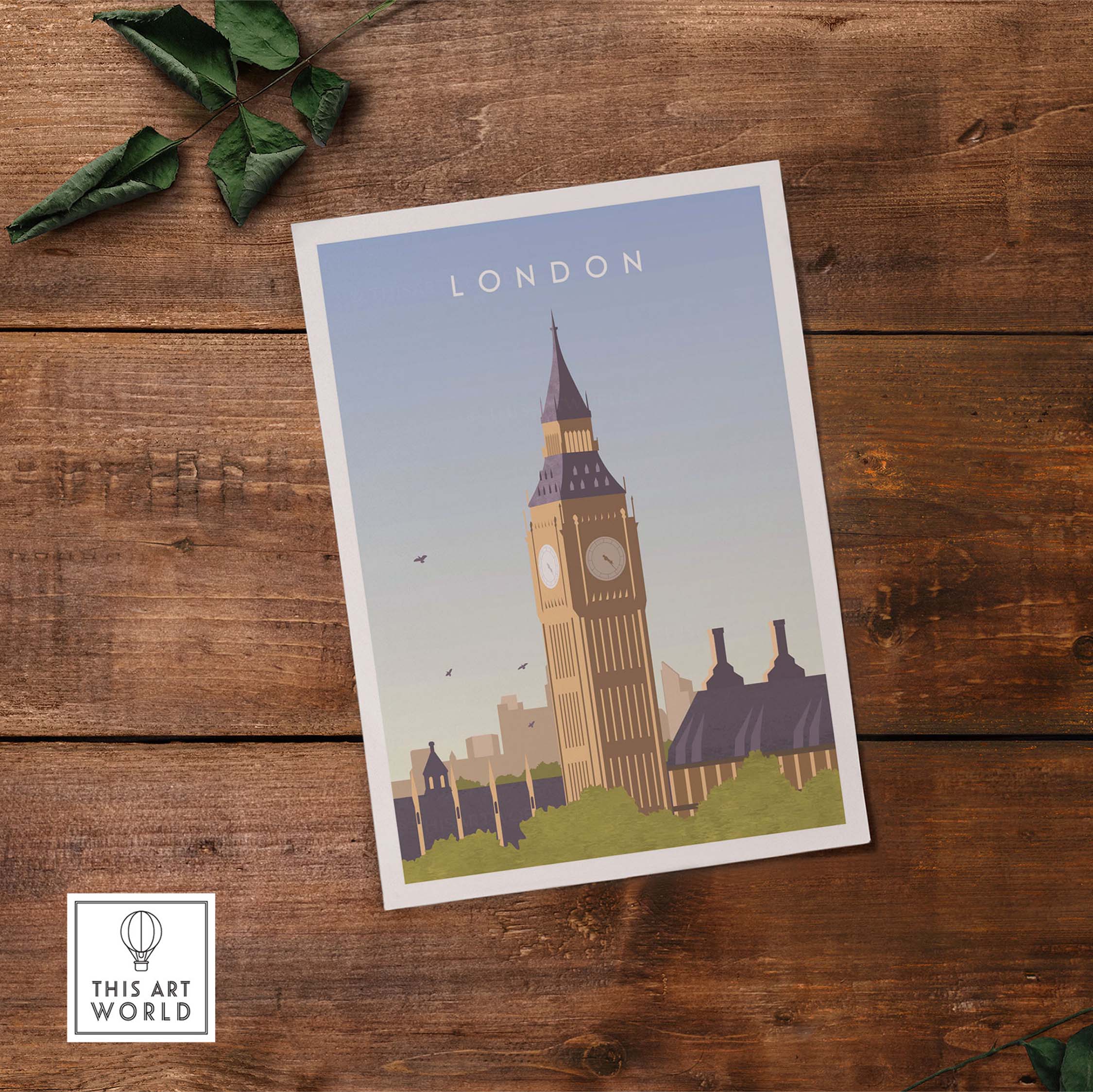 London Print Wall Art Poster featuring Big Ben, vintage-inspired travel artwork for home or office decor.