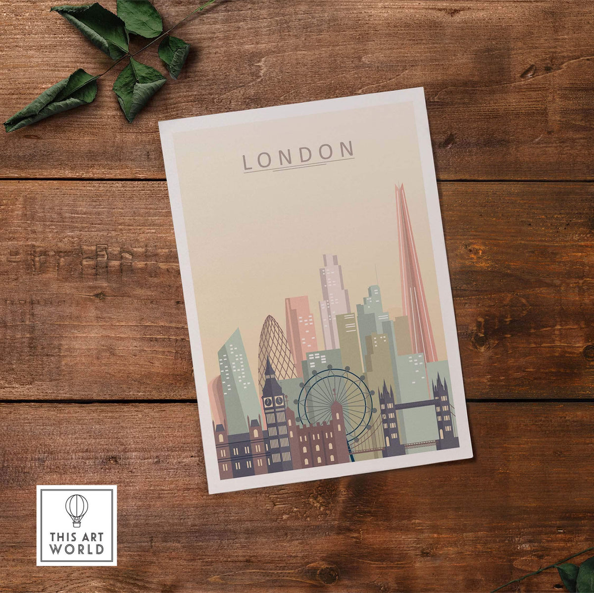 London skyline print featuring iconic landmarks in warm pastel tones on a wooden backdrop.