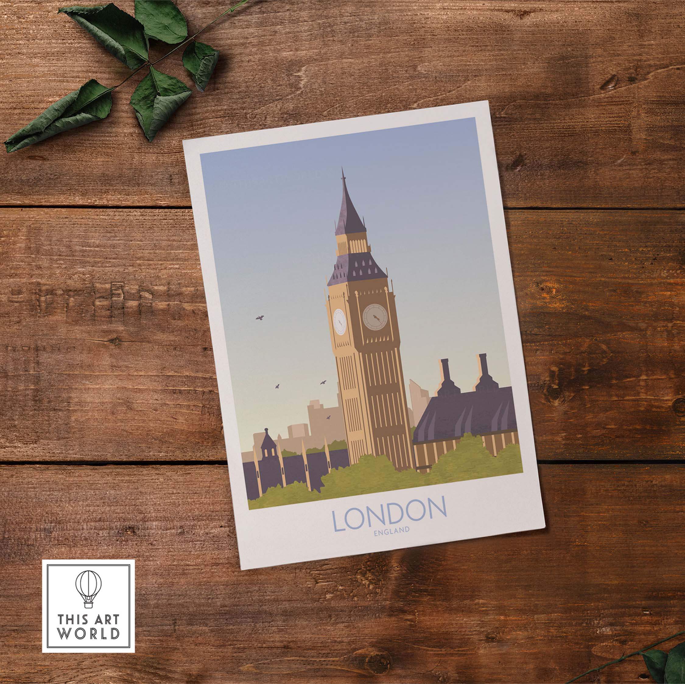 London Print Travel Poster featuring Big Ben, stylish vintage wall art for home or office decor.