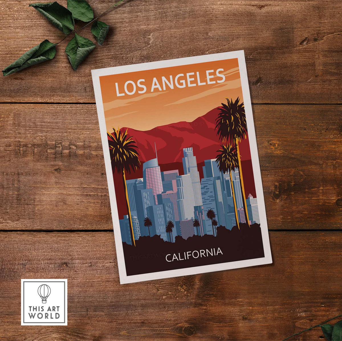 Los Angeles wall art print featuring a minimalist design with palm trees and cityscape in warm colors.