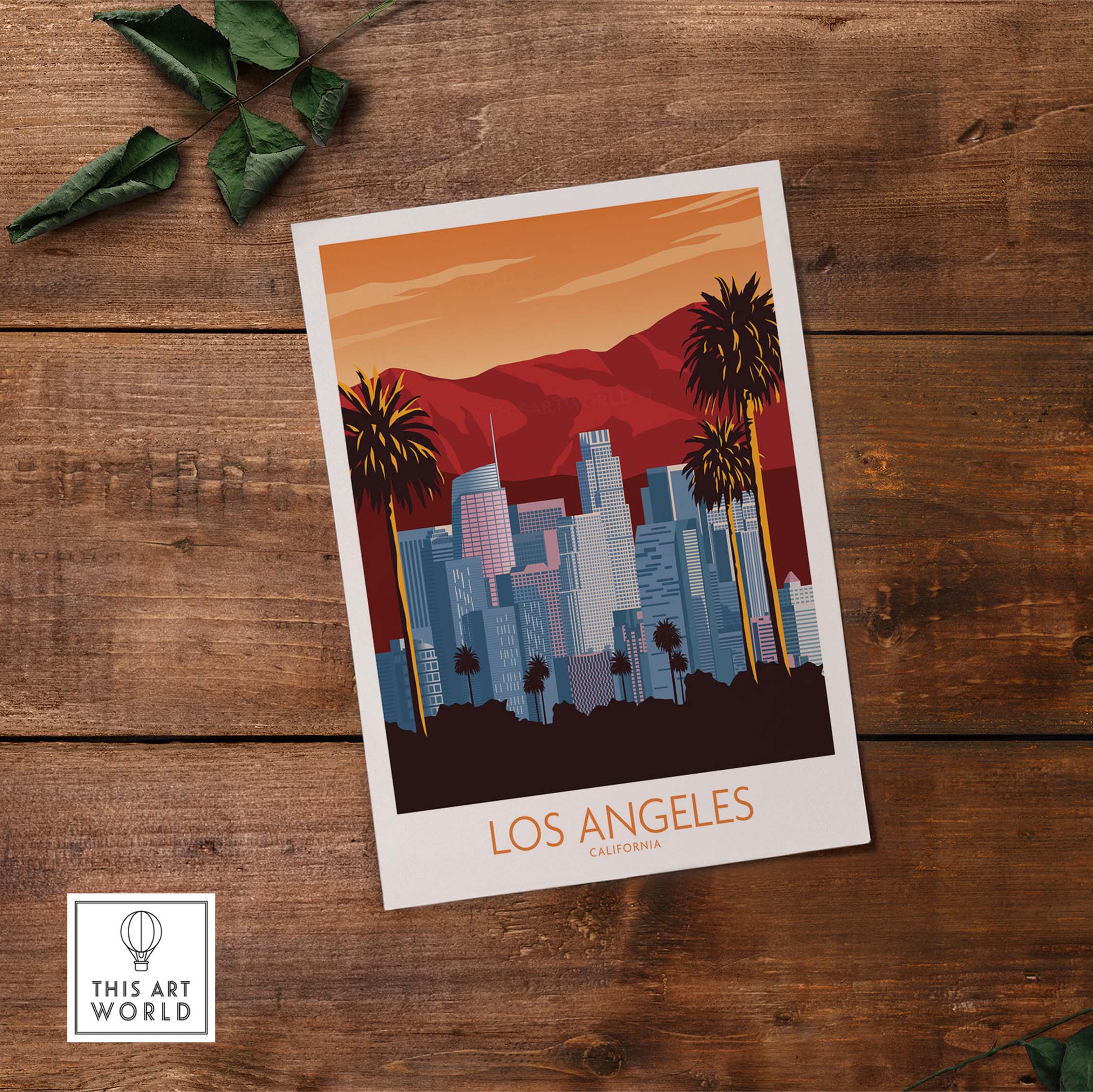 Los Angeles poster print featuring a sunset skyline and palm trees, perfect for home or office decor.