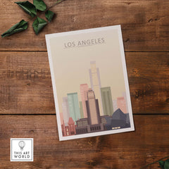 Los Angeles skyline poster with pastel tones, showcasing iconic architecture, perfect for stylish wall art.