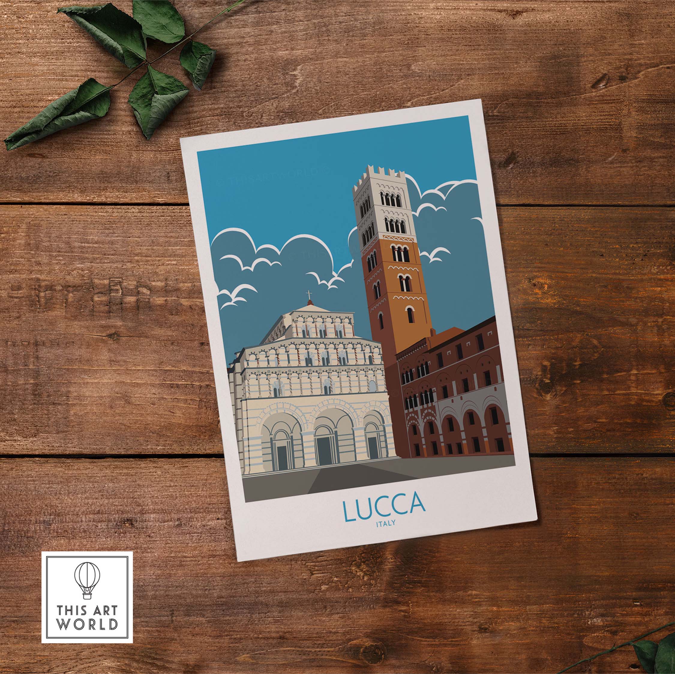 Lucca Print Italy travel poster featuring iconic buildings against a blue sky, perfect for stylish wall art.