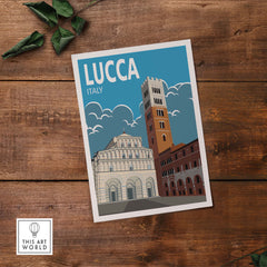 Lucca Italy wall art print showcasing iconic architecture and vintage travel vibes on a wooden background.