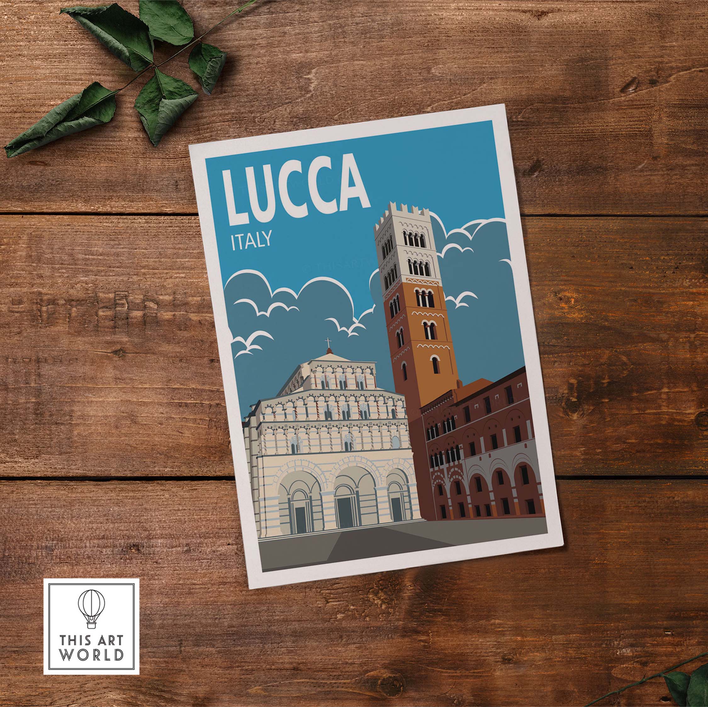 Lucca Italy wall art print showcasing iconic architecture and vintage travel vibes on a wooden background.