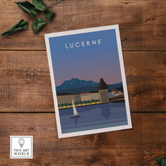 Lucerne Switzerland vintage travel poster print featuring mountains and lake at sunset.