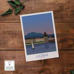 Lucerne Switzerland poster showcasing a serene lakeside view with mountains, ideal for travel-inspired home decor.