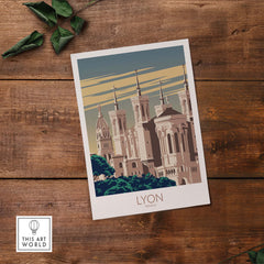 Lyon Poster France Wall Art featuring vintage architectural design on wooden background.