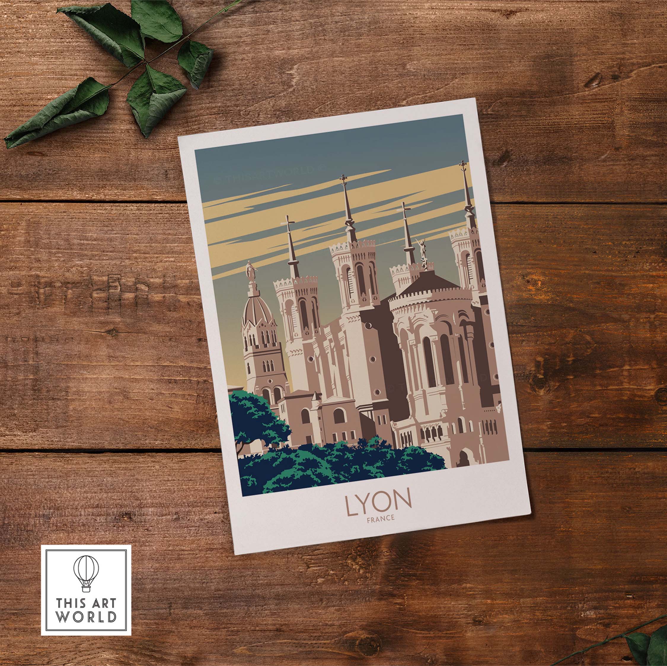 Lyon Poster France Wall Art featuring vintage architectural design on wooden background.