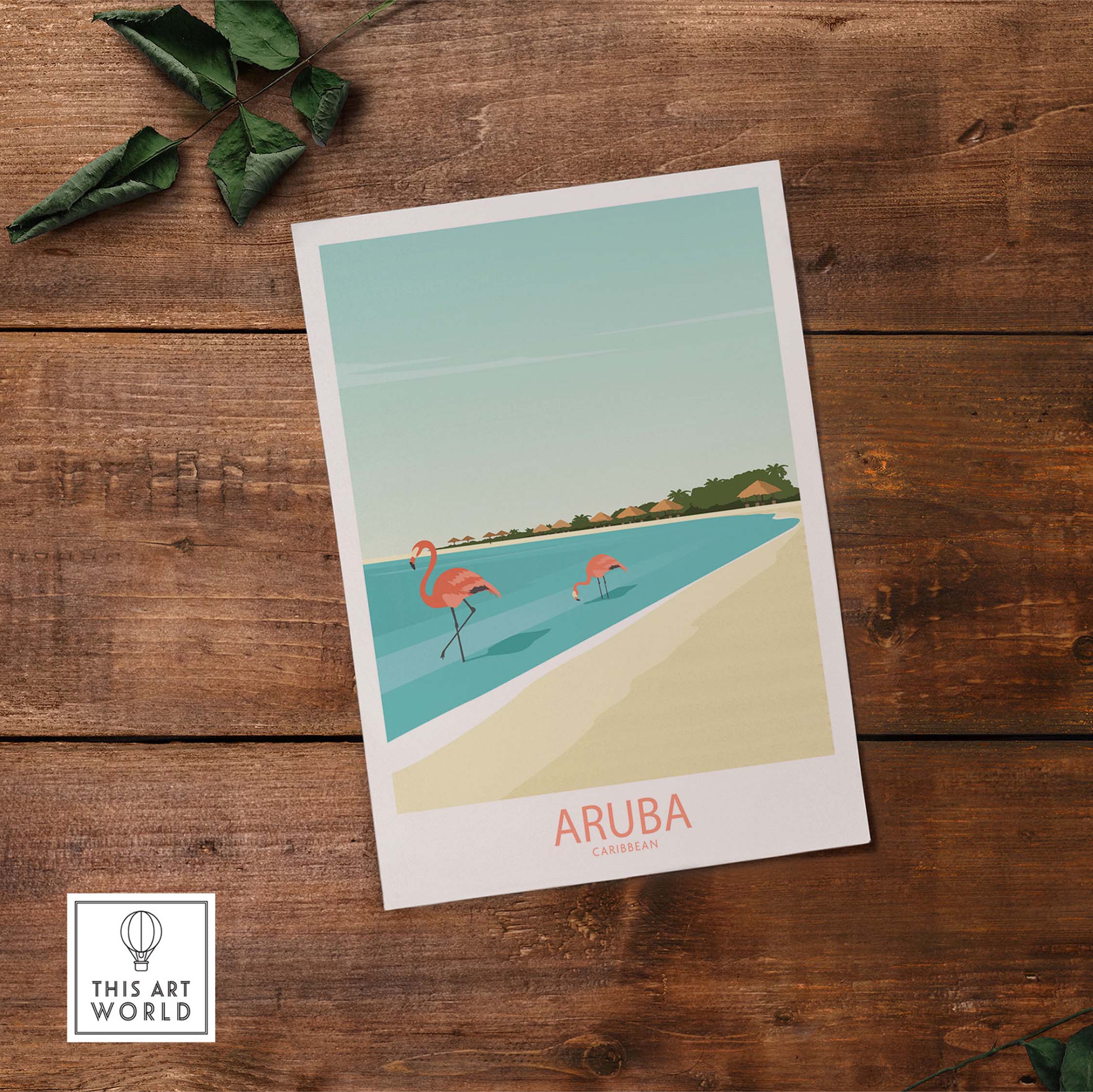 Aruba Caribbean poster featuring flamingos by the beach in a minimalist vintage design.