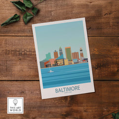 Baltimore Poster showcasing the city skyline with water, in a clean minimalist vintage travel style.