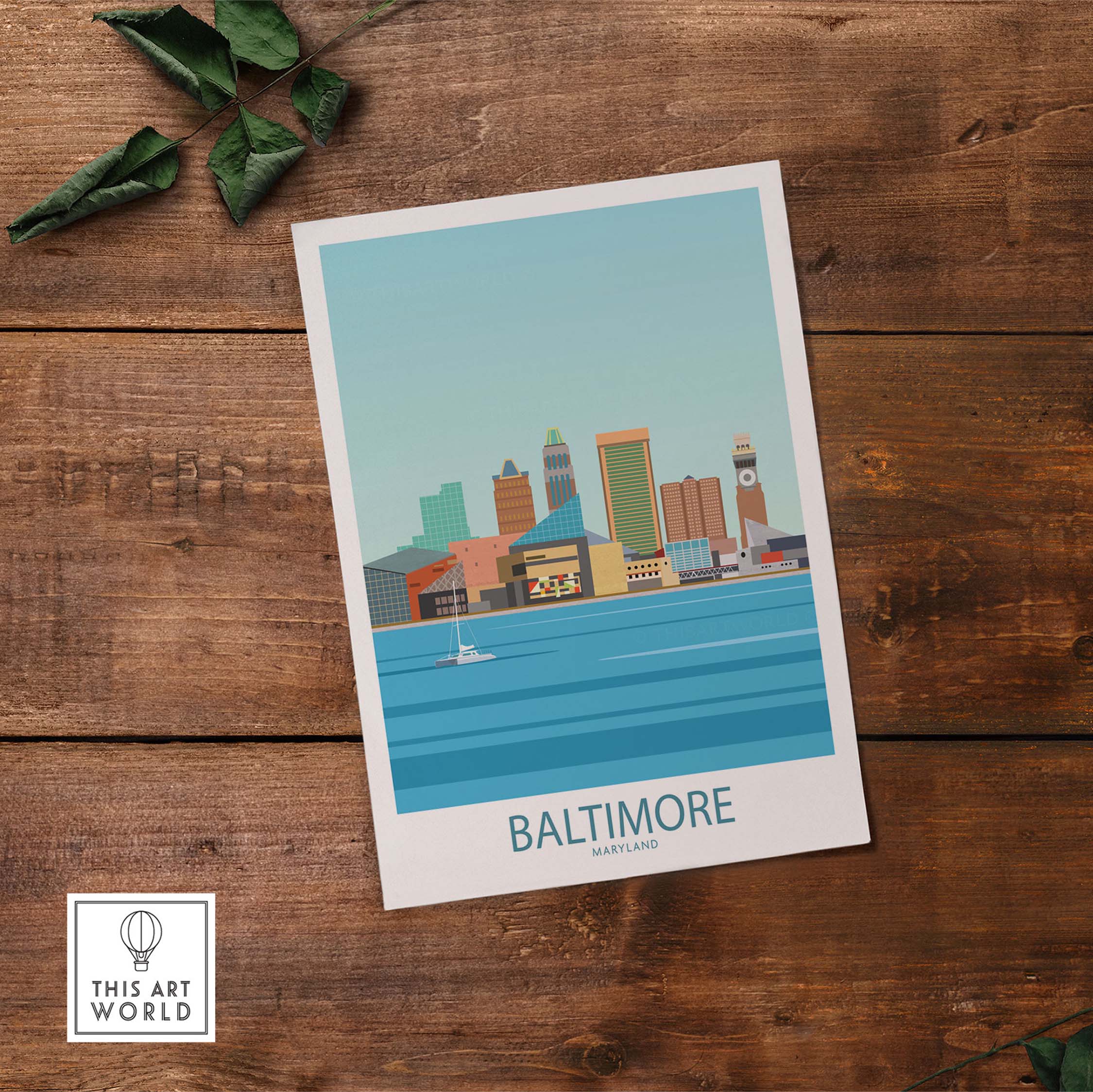 Baltimore Poster showcasing the city skyline with water, in a clean minimalist vintage travel style.