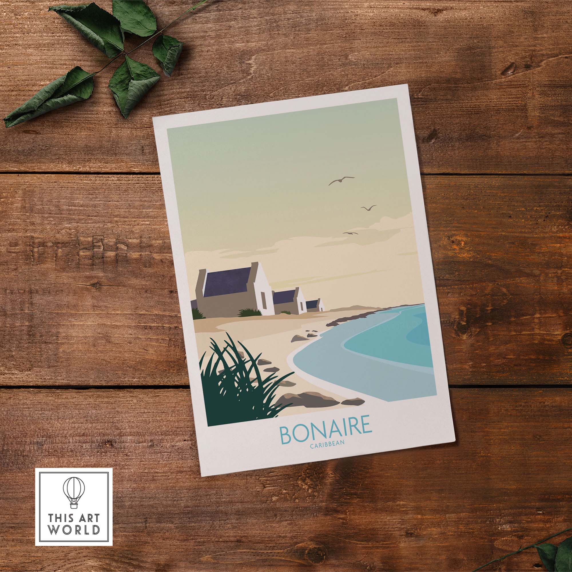 Bonaire wall art print featuring minimalist design and serene beach scene, perfect for travel-inspired decor.