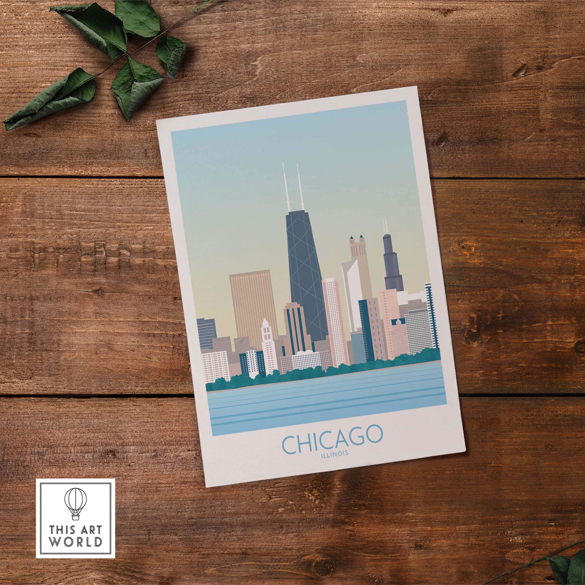 Chicago skyline art print showcasing iconic buildings against a pastel sky, perfect for home or office decor.