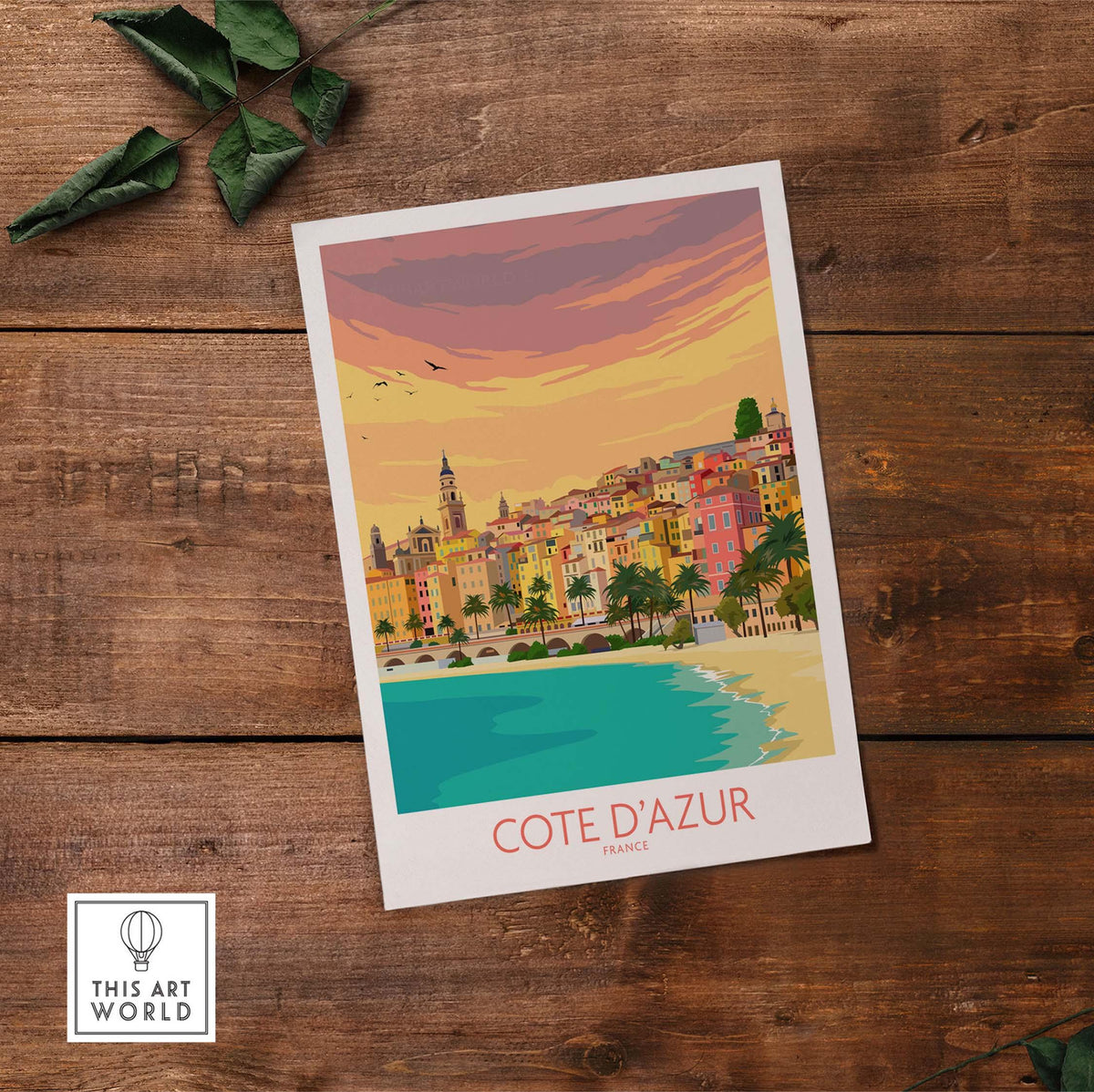 Cote d'Azur vintage travel poster featuring colorful buildings by the sea, perfect for home or office decor.