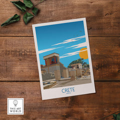 Crete Wall Art Print featuring a colorful landscape of ancient ruins and a sunset in a minimalist style.