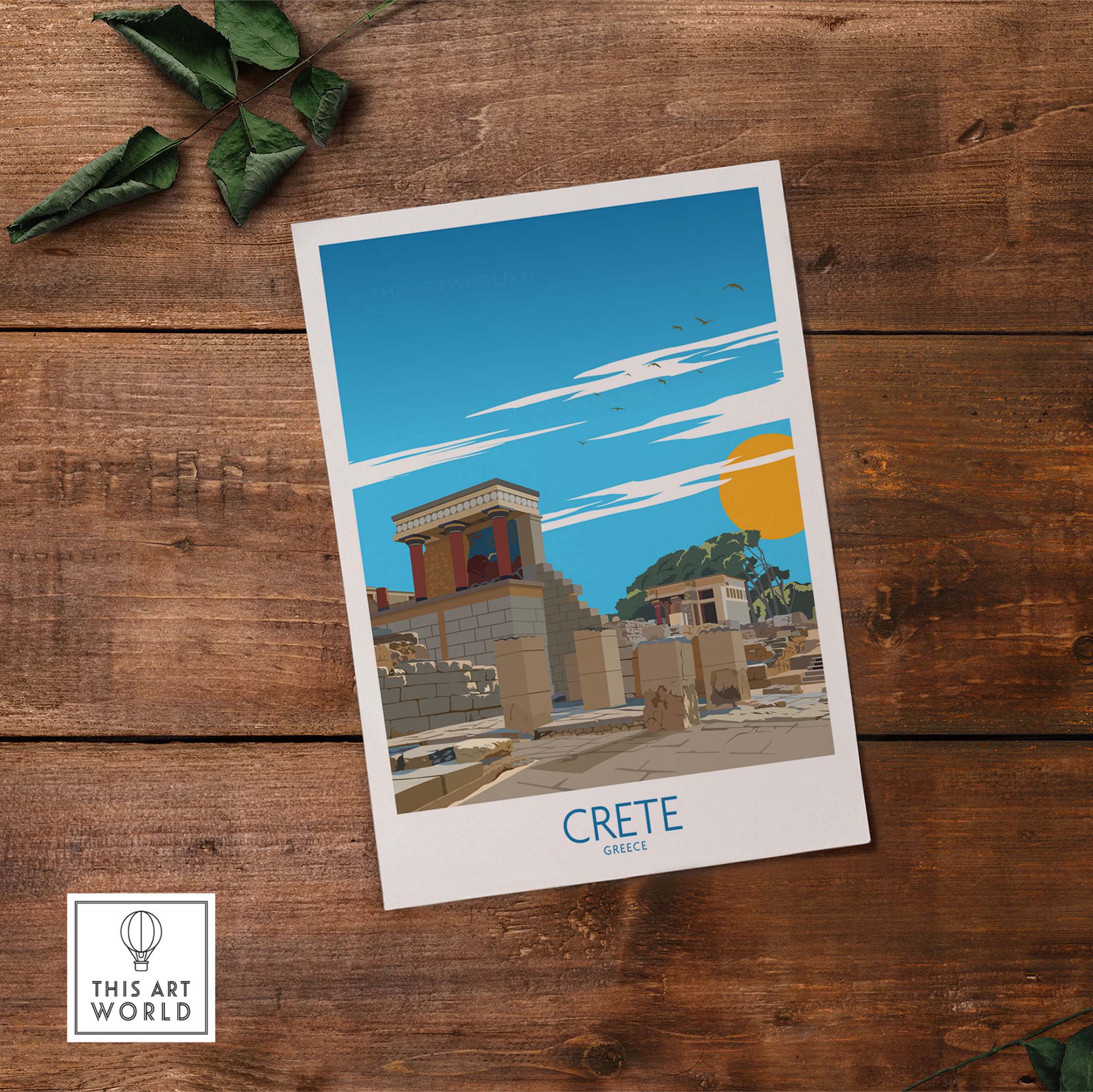 Crete Wall Art Print featuring a colorful landscape of ancient ruins and a sunset in a minimalist style.