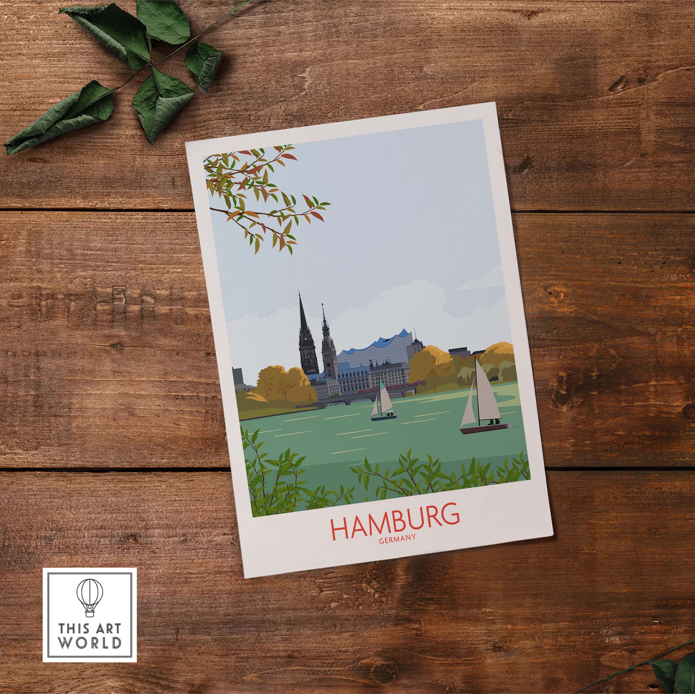 Hamburg Germany Wall Art Print featuring vintage design with sailboats, trees, and iconic landmarks.