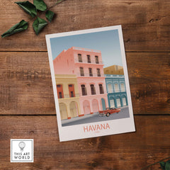Havana Cuba wall art print featuring colorful vintage buildings and a classic car on a wooden background.