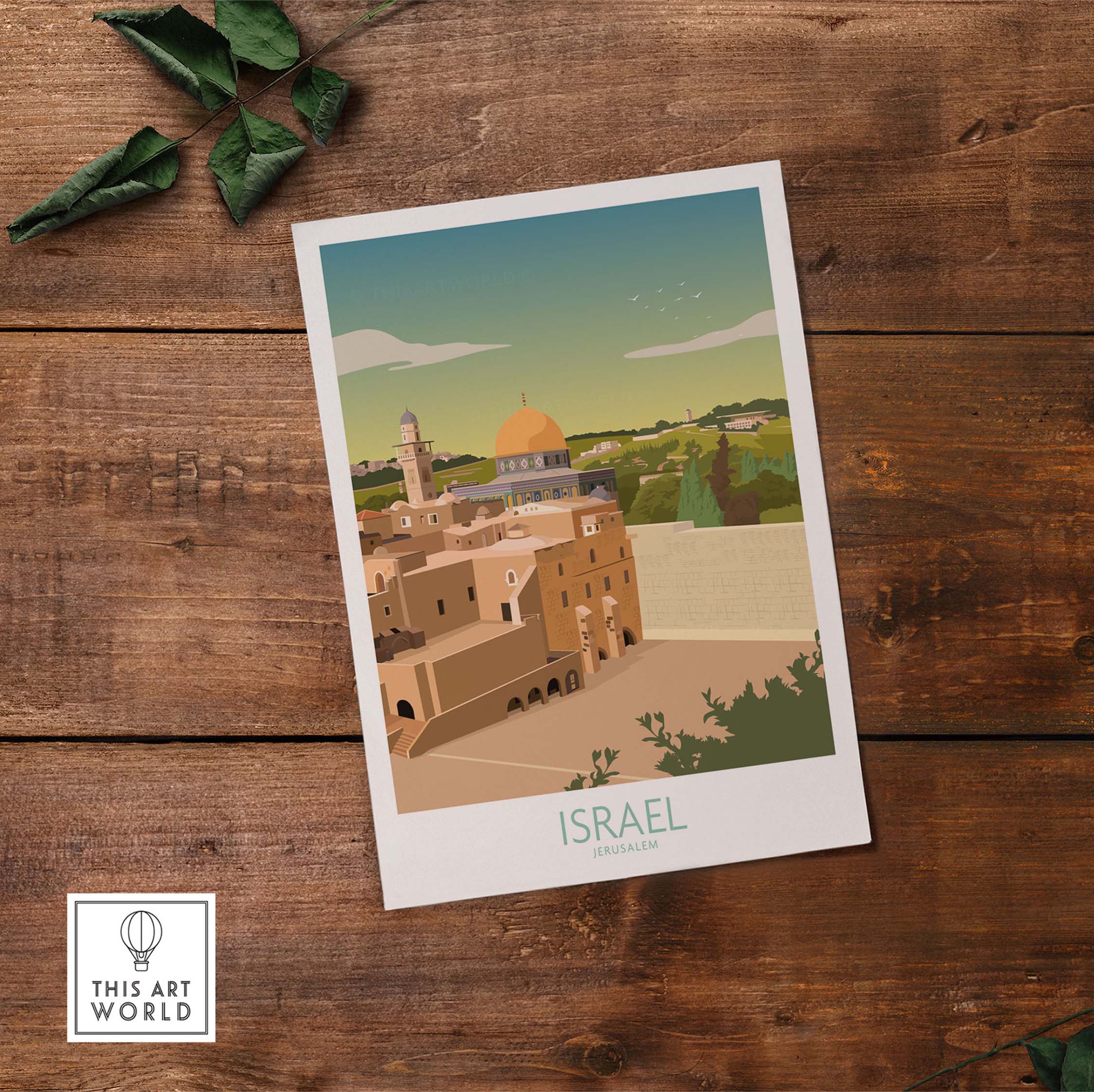 Israel wall art print travel poster featuring a minimalist illustration of Jerusalem with vintage design elements.