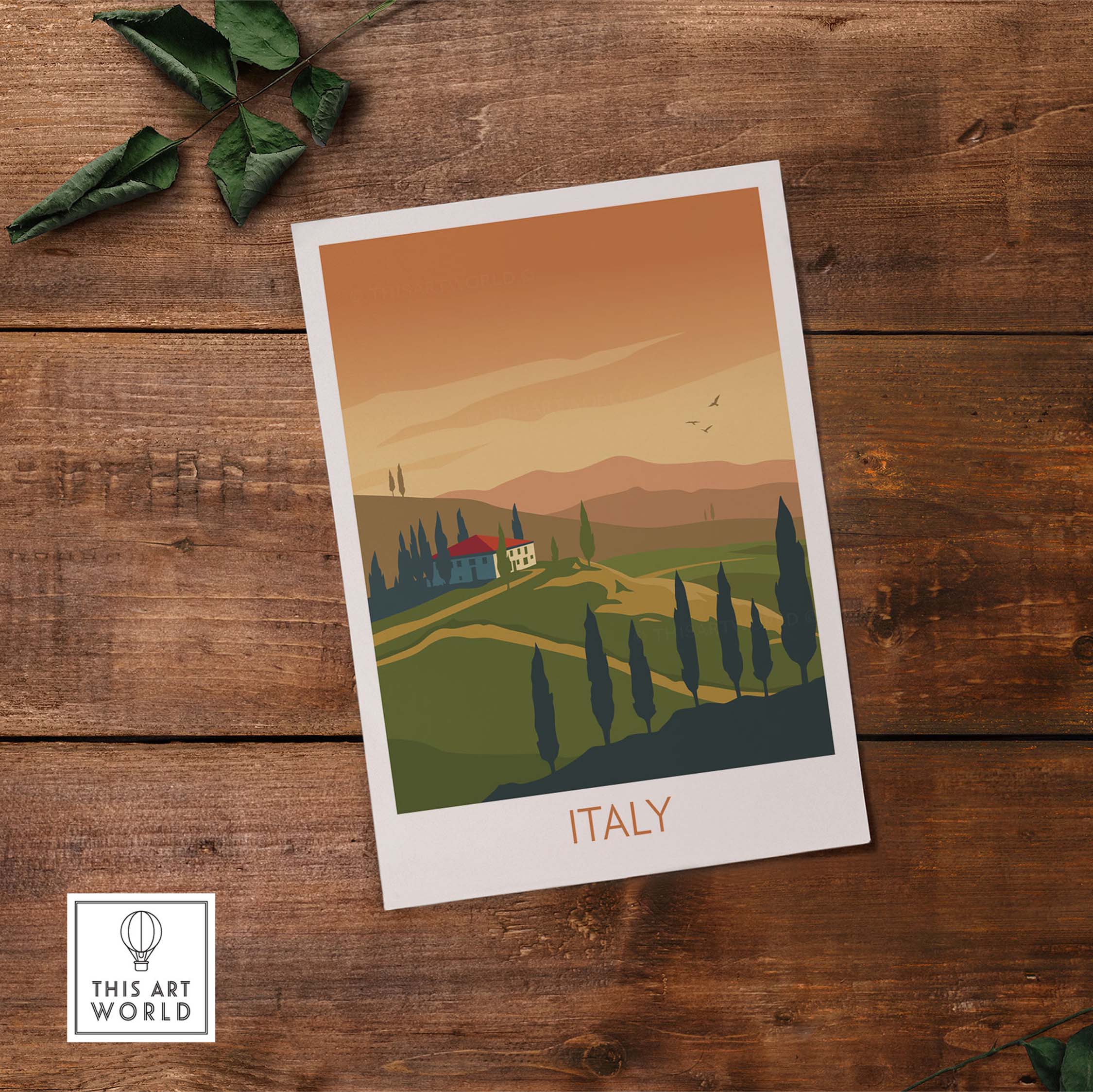 Italy wall art print featuring a minimalist landscape and vintage travel poster design.