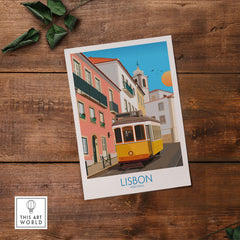 Lisbon wall art print featuring a vintage yellow tram on a colorful street in Portugal.