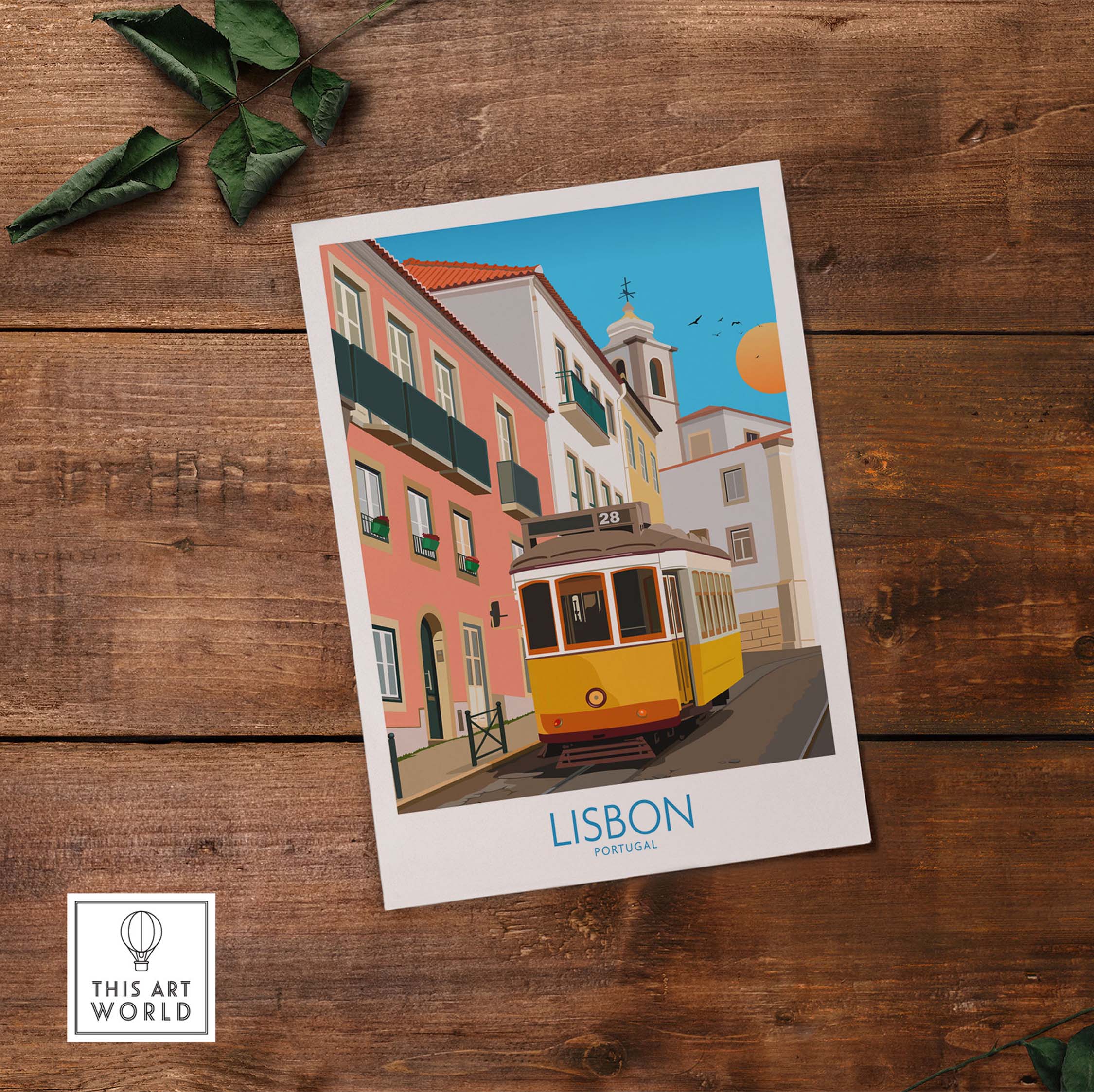 Lisbon wall art print featuring a vintage yellow tram on a colorful street in Portugal.