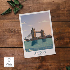 London Wall Art Print featuring Tower Bridge over the Thames in a minimalist vintage style.