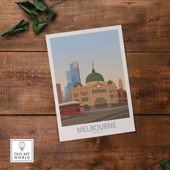 Melbourne poster featuring the iconic Flinders Street Station with a minimalist design, perfect for home or office decor.