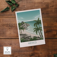 Mexico travel poster print featuring a scenic beach view with palm trees and rocky cliffs.