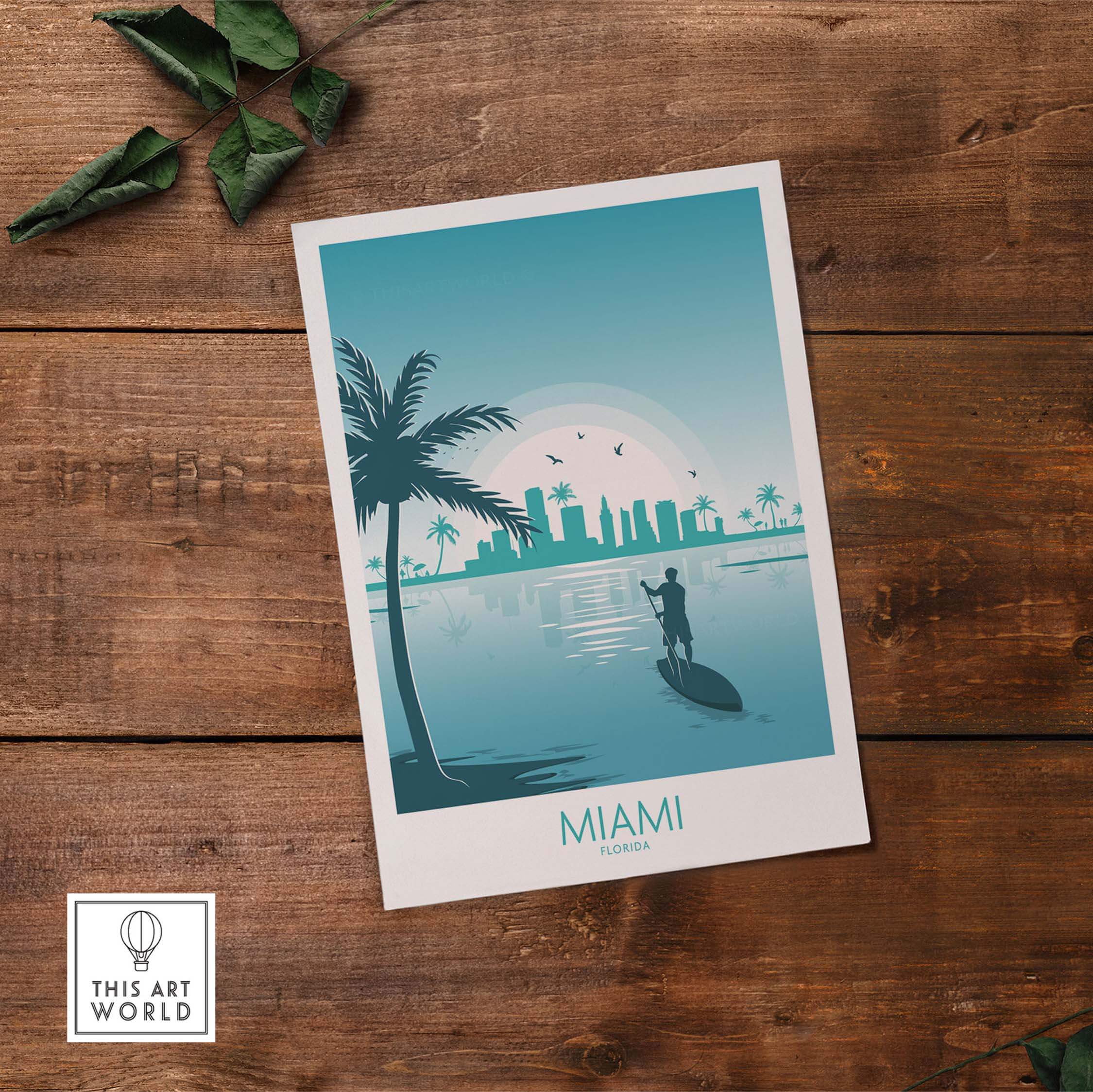 Miami wall art print showcasing a serene landscape with palms and a paddleboarder against a city skyline backdrop.