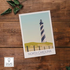 North Carolina Wall Art Print featuring a lighthouse and minimalist design on a wooden background.